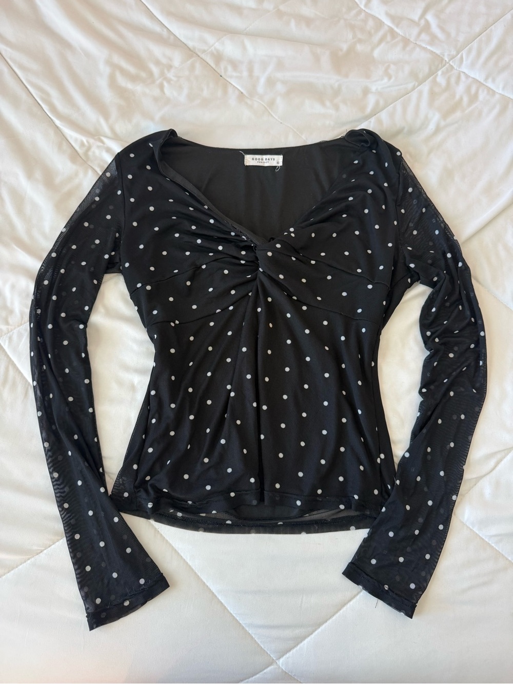 Black Polka Dot Twist-Front Long Sleeve Top